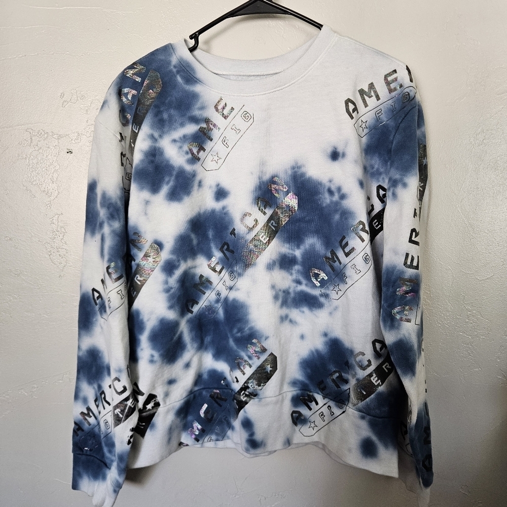 American Fighter Women's Small Blue Tie-Dye Sweatshirt Logo Graphic Pullover
